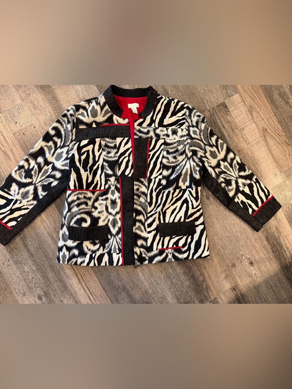 Women’s Black & White Zebra Print Jacket with Red Trim